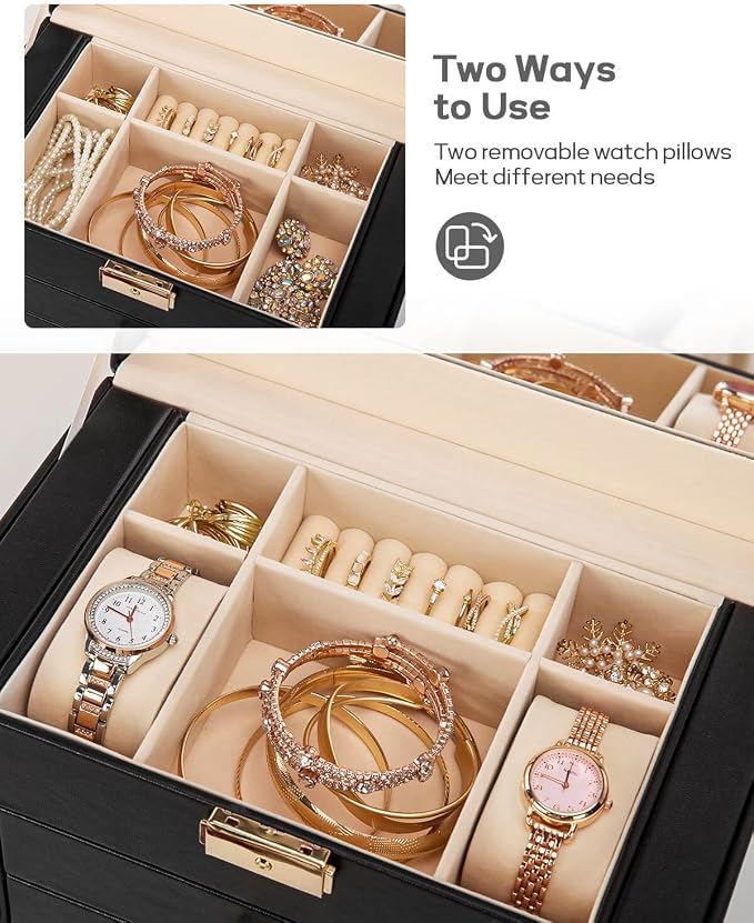 Homde Mothers Day Gifts Synthetic Leather Huge Jewelry Box Mirrored Watch Organizer Necklace Ring Earring Storage Lockable Gift Case (Black + Gold) - Image 4