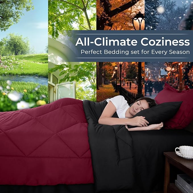 HEVUMYI Red & Black King Comforter Set - 7-Piece All Season Bed in a Bag King, Ultra Soft Burgundy Bedding Set with Comforter, Flat Sheet, Fitted Sheet, Pillowcases, Pillow Shams, Burgundy Red & Black