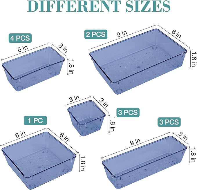 StorMiracle 13 PCS Drawer Organizer Set, 5 Varied Size Bathroom and kitchen Drawer cabinet organizer Trays, Clear Storage Bins for Makeup, Jewelry, Utensils and Gadgets, Dark Blue - Image 2