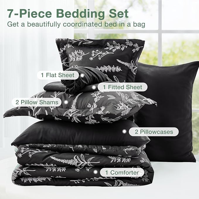 MUXHOMO Black Full Comforter Set, Elegant Floral Print Bed in a Bag 7 Pieces, Ultra Soft & Breathable Reversible Botanical Pattern Bedding Set with Comforter, Sheets, Pillowcases, and Shams