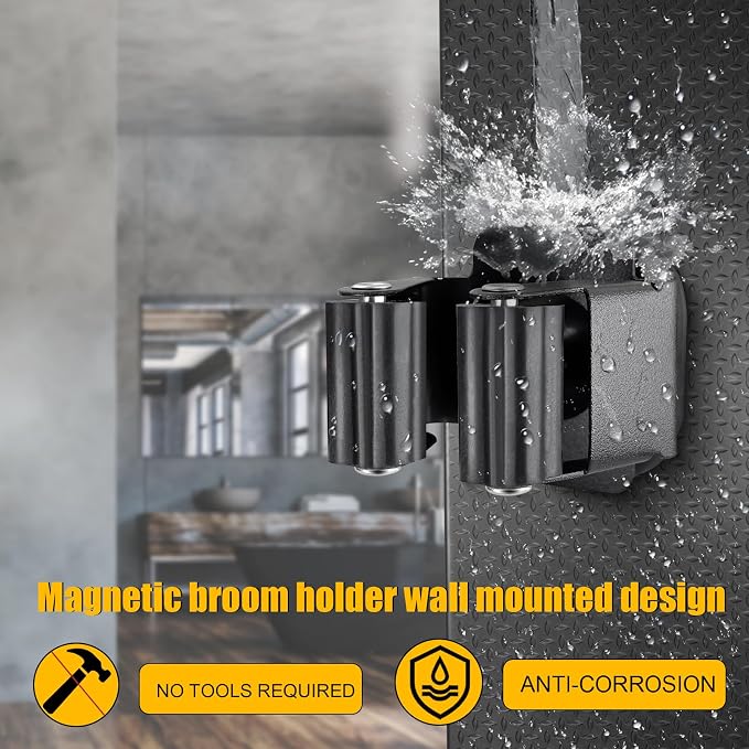 Upgraded Magnetic Broom and Mop Holder Wall Mount, Space-Saving Heavy Duty No Drill Over the Door Broom Gripper RV Camper Wall Organizer,Black,4 Pcs - Image 4