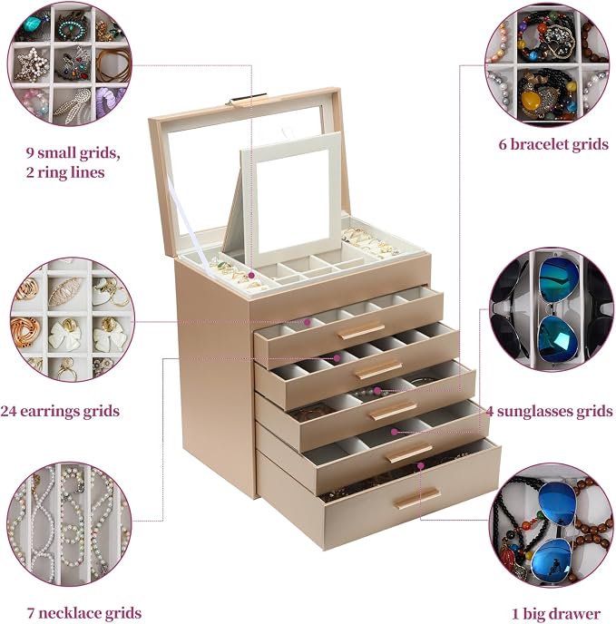 BOOVO Jewelry Boxes for Women, White and Black 6 Layer Large Jewelry Box for Necklace, Bracelet, Earrings, Rings Storage, Jewelry holder Organizer for Girls Gift (Gold, 6 layer) - Image 5