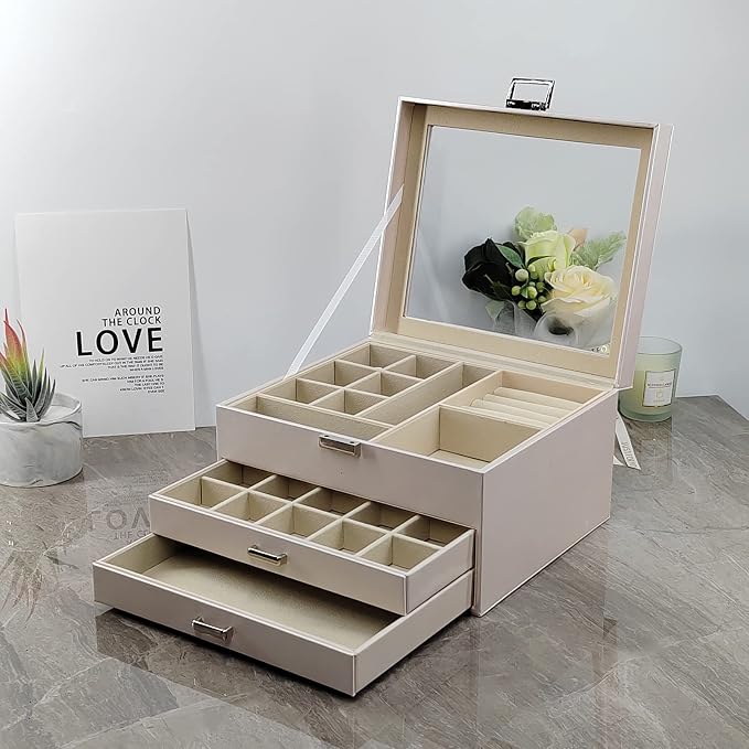 Clear Lid Jewelry Box,3 Layers Jewelry Organizer Large Multi-Functional Jewelry Storage Box with 2 Drawers,Jewelry Display Case of Rings Earrings Necklace Bracelets for Women Girls (Light gold) - Image 8