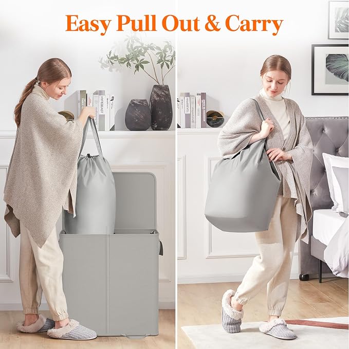 Lifewit Double Laundry Hamper with Lid and Removable Laundry Bags, Large Collapsible 2 Dividers Dirty Clothes Basket with Handles for Bedroom Laundry Room Closet Bathroom College, 136L Silver Gray - Image 4