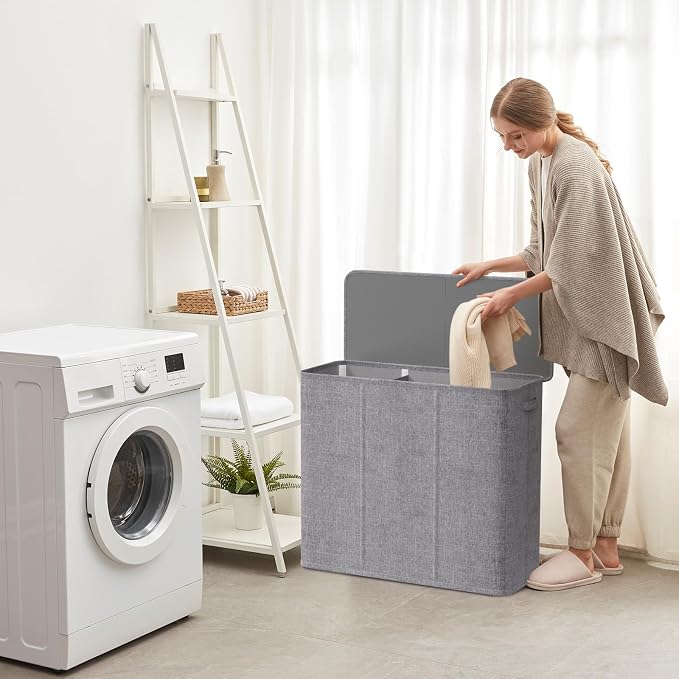 Lifewit Triple Laundry Hamper with Lid and Removable Laundry Bags, Large Collapsible 3 Dividers Dirty Clothes Basket with Handles for Bedroom, Laundry Room, Closet, Bathroom, College, 180L Light Gray - Image 6
