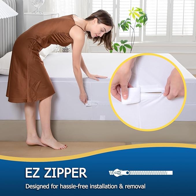 Twin XL Waterproof Zippered Mattress Encasement, Breathable, Noiseless, Machine-Washable Zipped Mattress Cover, Fitting 7" - 13" Deep Mattress