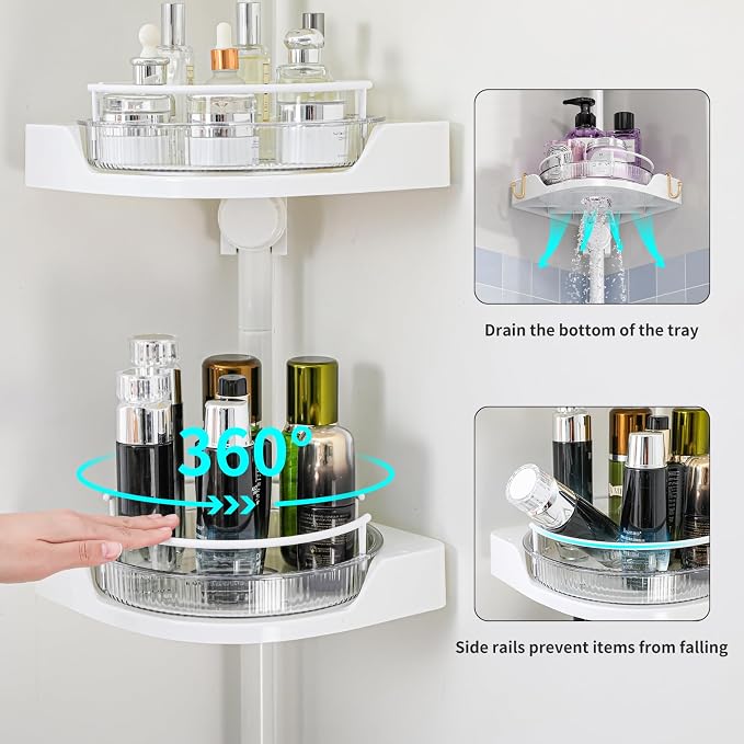 360° Rotating Shower Caddy Tension Pole, 4 Tiers Corner Shower Organizer for Bathroom Shelf Bathtub, Adjustable Standing Shower Rack Bathroom Accessories, Easily Assemble, 34-124 Inch Height, White - Image 2