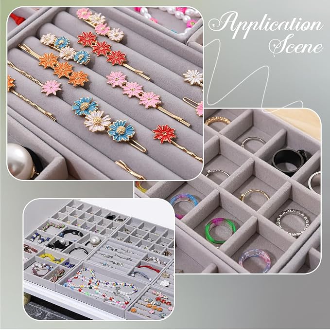2Pcs 5 x 8.3 Inch Jewelry Drawer Inserts Velvet Jewelry Tray Gray 15 Grids Dresser Earring Drawer with Removable Divider Necklace Organizer Storage Container for Bracelet Ring Watch Display - Image 5