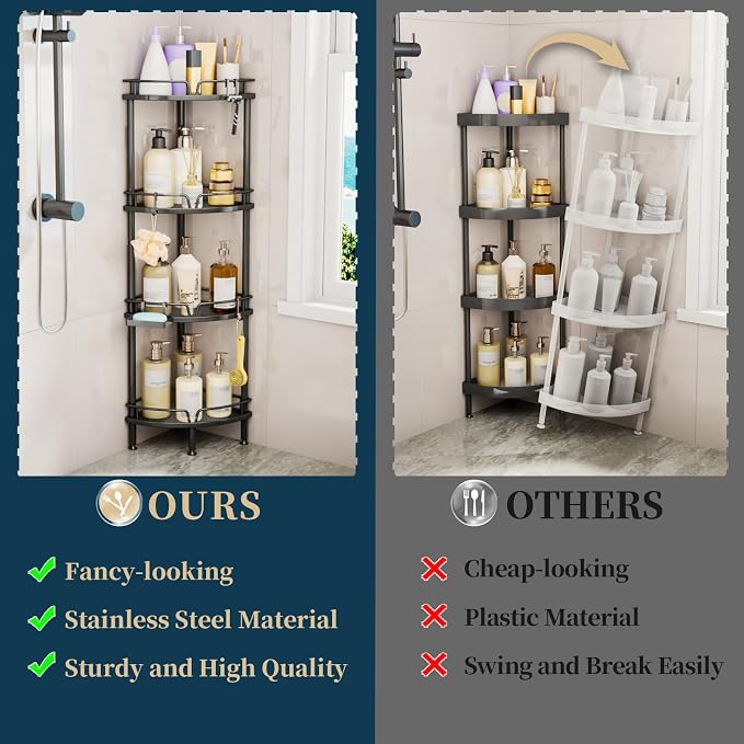 Consumest Corner Shower Caddy Stand - 4 Tier Shower Organizer with Soap Holder, Tall Floor Corner Shelf Standing with Adjustable Feet & 4 Hooks, Storage Rack for Bathroom Black - Image 3