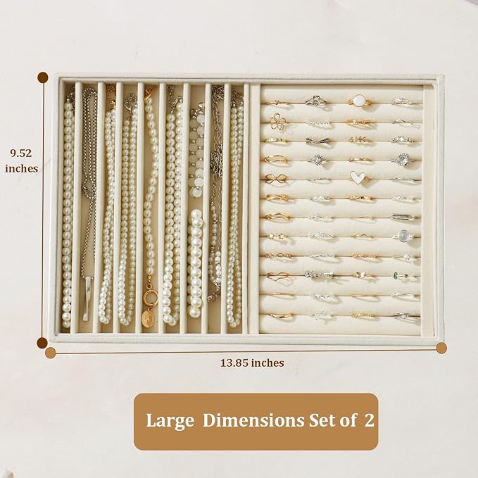 Large Velvet Jewelry Tray 2 Pack Stackable Jewelry Display Drawer Inserts Trays Organizer for Earring Bracelet Necklace Ring (Beige, Ring and 9 Grids) - Image 4