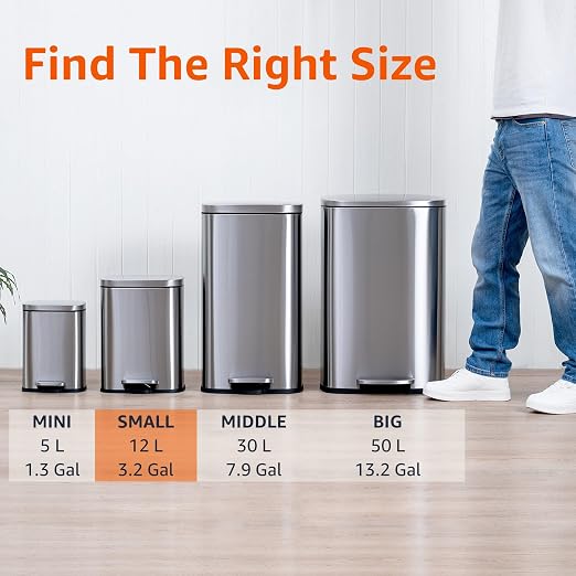 Amazon Basics Smudge Resistant Small Rectangular Step Pedal Trash Can with Soft-Close Lid, Removable Inner Bucket, Brushed Stainless Steel, 12 Liter/3.1 Gallon, Satin Nickel Finish - Image 4