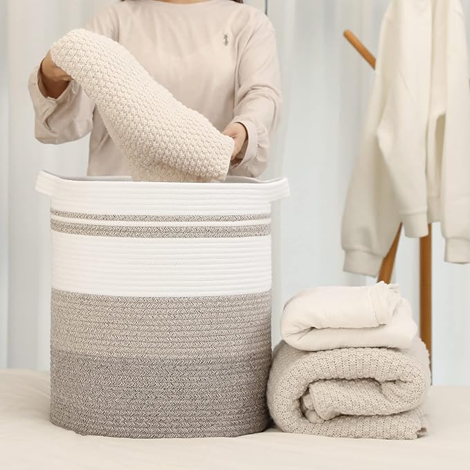OIAHOMY 58L Laundry Baskets-Laundry Hamper, Storage Basket with Handles, Decorative Basket for Living room, Woven Storage Basket for Toys Bin, Pillows, Blankets, Clothes-18x16in-Gradient Brown - Image 6