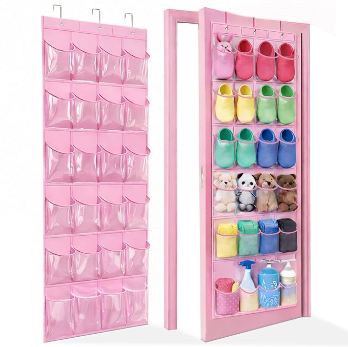 Over-the-Door Kids Shoe Organizer, Pink Shoe Rack for Door, 24 Crystal Clear Pockets, Heavy-Duty Hanging Organizer, 3 Metal Hooks for Toddler Shoes by Bofoho