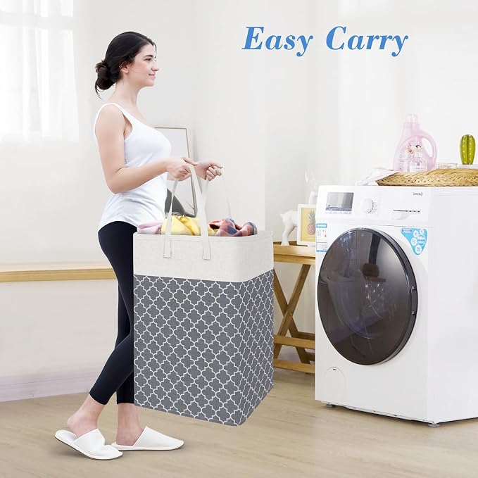BlissTotes 3-Pack Laundry Basket, Freestanding＆Waterproof Laundry Hamper, Collapsible Tall Clothes Hamper with Easy Carry Handles for Clothes, Towels in the Family and Dorm,Clover Grey,75L - Image 5