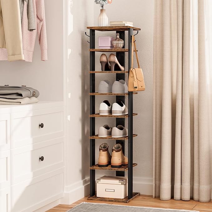 HOOBRO 8 Tiers Vertical Shoe Rack, Wooden Shoe Storage Organizer with Hooks, Narrow Shoe Tower for 8 Pairs, Space Saving, for Entryway, Living Room, Bedroom, Rustic Brown BF07XJ01G1 - Image 2
