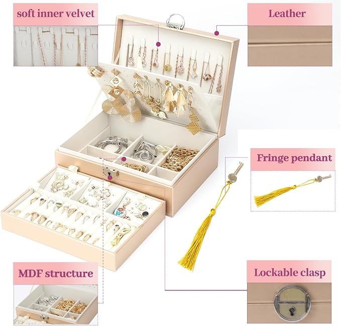 BOOVO Earring Jewelry Box For Women Girl Stud Organizer, 4 Layers Girl Jewelry Organizer Box With Lock Earring Holder Organizer Necklace Ring Jewelry Organizer Box For Girls (Champagne, 4 layer) - Image 2