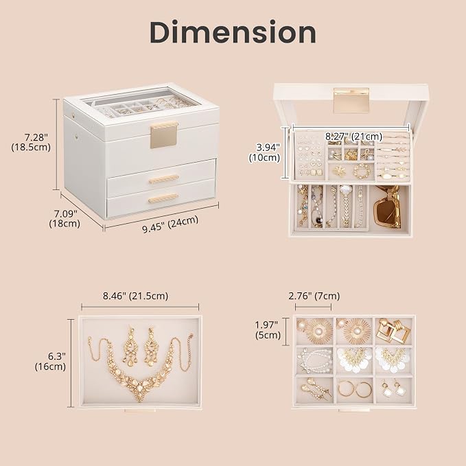 Lolalet Jewelry Box, Clear Window Jewelry Organizer with Drawer for Earrings Bracelets Necklaces Rings, Jewelry Storage for Women -White, 4 Layers - Image 6