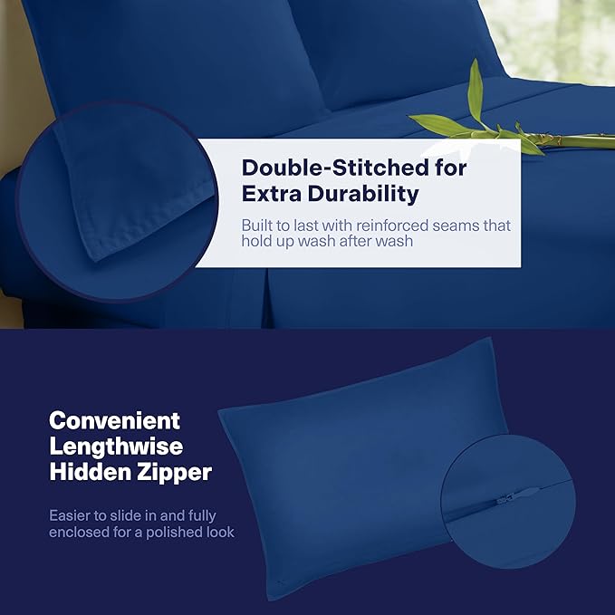 Kickoff Viscose Bamboo Sheets Twin Size 3-pc 100% Organic Bamboo Viscose Bed Cooling Sheets Twin Size Set Cool Bedding for hot Sleepers Sheet, Flat, Fitted, Pillowcase (Dark Blue, T)