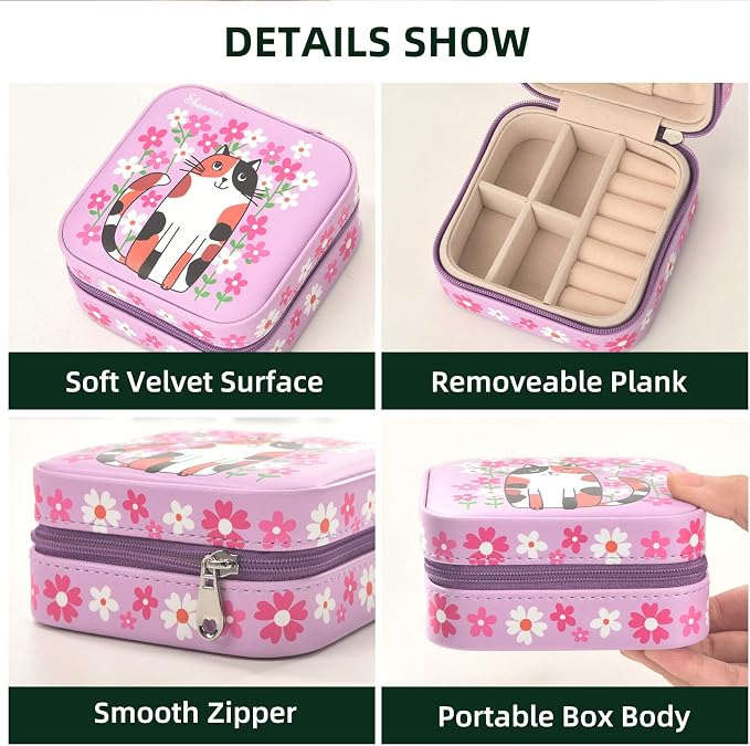 shunmei Mini Travel Jewelry Box,PU Leather Portable Jewelry Organizer Case,Art Accessories Storage Holder Boxes for Earring, Necklace, Rings, Bracelets (Pink Cat) - Image 6