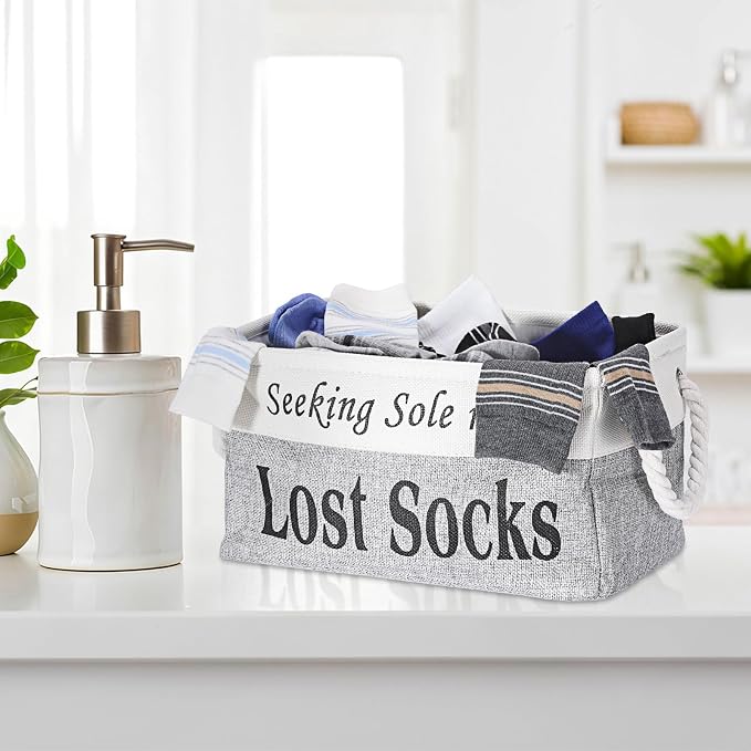 Lost Socks Basket for Laundry Room, Fabric Missing Sock Holder for Single Sock Organization, Collapsible Lost Socks Bin Stockings Container, Farmhouse Laundry Room Decor and Accessories - Image 6