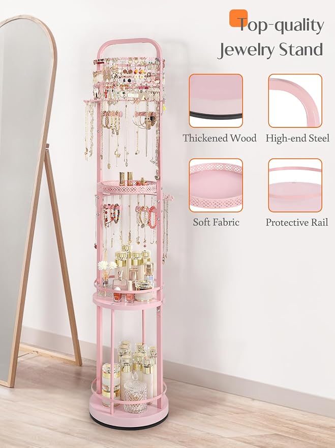 Jewelry Holder Organizer, Floor Jewelry Organizer with Earring Organizer Necklace Holder, Rotating Jewelry Stand Necklace Display Earring Storage, Large Hanging Jewelry Tree for Jewlery Bracelet Ring - Image 5