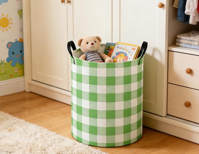 Kids Laundry Basket Grid Hamper for Nursery Green Hamper Cute Kids Storage Bin Organizer Room Decor for Home(Green Grid) - Image 4