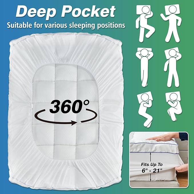 Queen Mattress Topper, Extra Thick Pillow Top Mattress Pad Cover for Back Pain, 6-21 Inches Deep Pocket, 60x80 Inches, White