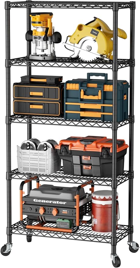 SINGAYE 5 Shelf Storage Wire Shelves Closet Bathroom Organizers Metal Pantry Kitchen Garage Shelving Unit Laundry Room Organization Home Narrow Rack Net Basket with Wheels Black by SINGAYE