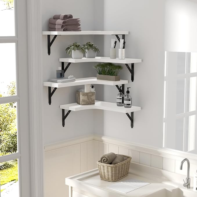 ROMGUAR CRAFT Corner Floating Shelves Wall Mounted Set of 4, Rustic Wood Storage Display Shelves for Home Decor, Bathroom, Kitchen, Bedroom, Living Room, Office (White) - Image 6