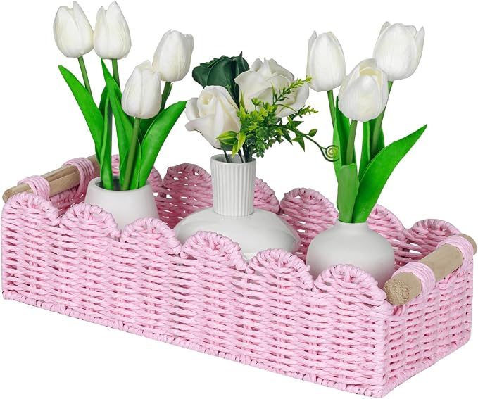 CubesLand Paper Rope Scalloped Edge Gift Basket Empty, Small Living Room,Bedroom Decor Baskets, Pink Woven Toilet Paper Storage Basket, with 2 Wooden Handle, Rectangular by CubesLand