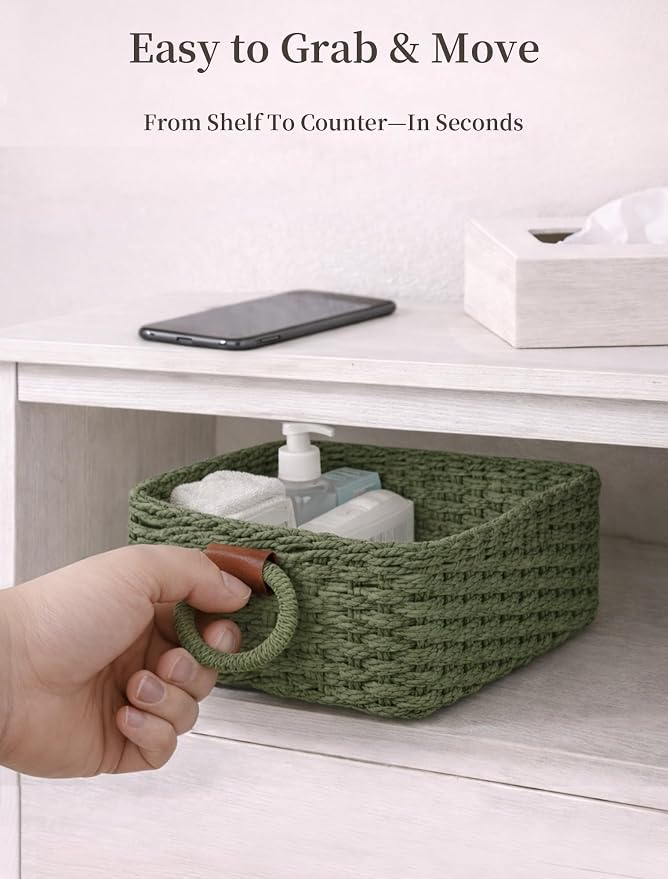 Storage Basket, Recycled Paper Rope Bathroom Basket Organizer, 3Pcs Small Baskets for Organizing, Mini wicker Basket for Decorative Storage Bins, Shelves, Bathroom, Cabinet - Green - Image 5