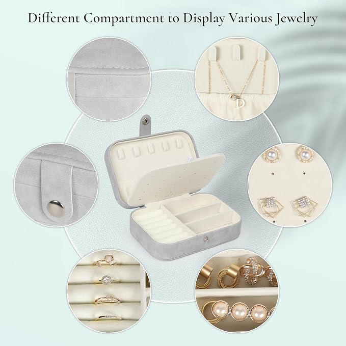 Hatori Travel Jewelry Box, PU Leather Small Jewelry Organizer for Women Girls, Portable Mini Travel Case Display Storage Holder Boxes for Stud Earrings, Rings, Necklaces, Bracelets (Grey) - Image 3