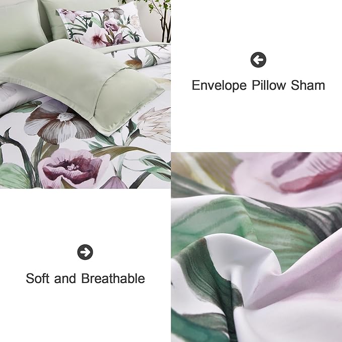 Luxudecor Floral Comforter Set Queen Size 7 Piece, Green Flower Bed in a Bag, Elegant Floral Comforter with Sheet Set, Soft Microfiber Bedding Set for All Season (Green, 90"x90")