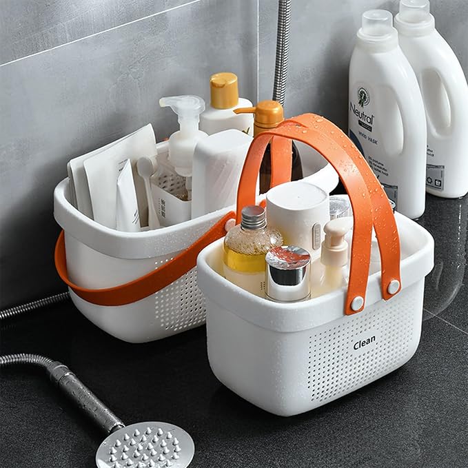 JiatuA Plastic Storage Basket with Handle Portable Shower Caddy Tote Organizer Basket Bin for Bathroom Kitchen Dorm Room Bedroom, Small White - Image 2