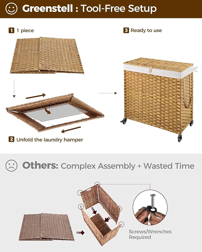 Greenstell Laundry Hamper with Wheels&Lid, 130L Large 3 Sections Clothes Hamper with 2 Types Removable Liner Bags, 5 Mesh Laundry Bags, Handwoven Divided Laundry Basket for Clothes, Natural - Image 7