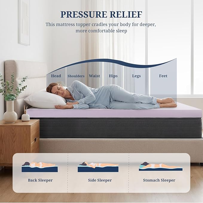 3 Inch Mattress Topper Queen, Gel Infused Memory Foam Mattress Topper for Pressure Relief, Breathable Bed Topper in a Box, CertiPUR-US Certified, Purple, 60"×80"