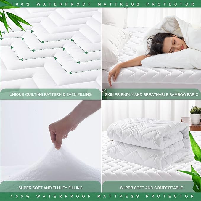 Unilibra Twin XL Size Waterproof Mattress Pad Rayon Made from Bamboo, Quilted Breathable Mattress Protector, 6''-19'' Deep Pocket Fitted Mattress Cover White