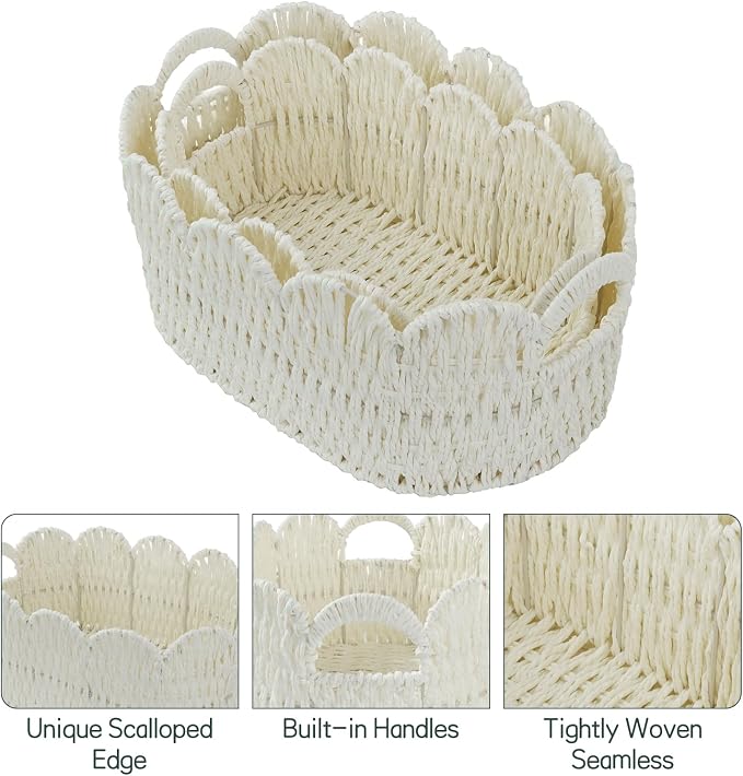 Coeusy Paper Rope Scalloped Basket Set of 2,Hand-woven Storage Baskets for Shelves,Nursery,Books,Toys,Cute Boho Decor Baskets for Organizing,White - Image 7