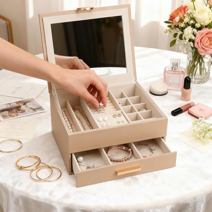 Elegant Gift Jewelry Box with Mirror - 3-Layer Organizer for Earrings, Rings, Necklaces, Ready to Give for Birthday Anniversary Christmas Apricot - Image 7