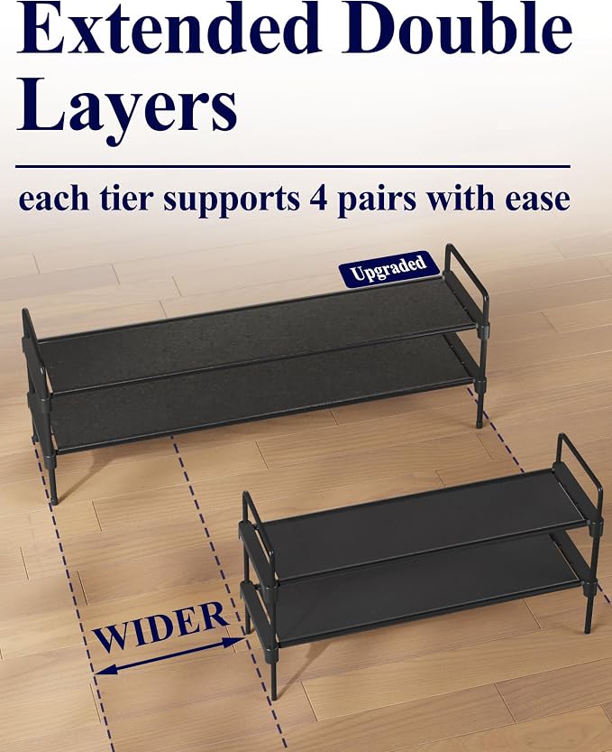 Kitsure Shoe Rack for Closet, Shoe Organizer for Front Door Entrance, Stackable Shoe Shelf, Detachable Closet Organizers and Storage, 36.1" Wide - 2 Tiers, Black - Image 4