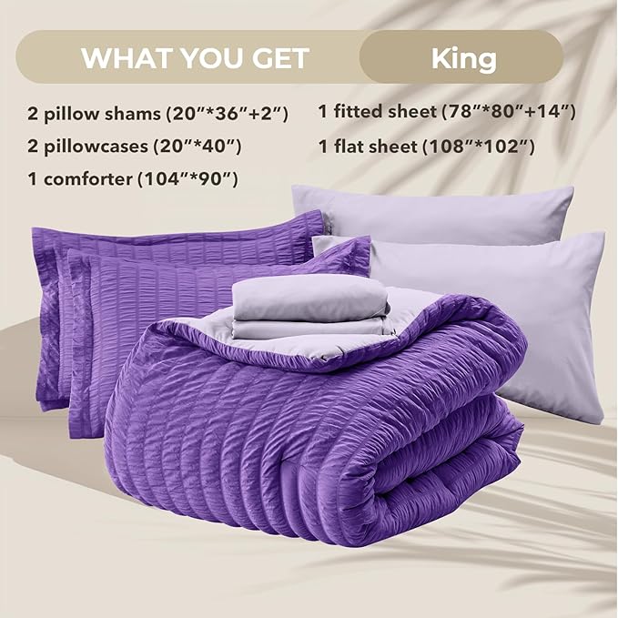HYMOKEGE Dark Purple/Lavender King Size Comforter Set Seersucker 7 Pieces, All Season Luxury Bed in a Bag for Bedroom, Bedding Set with Comforter, Sheets, Pillowcases & Shams