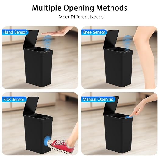 3 Pack Automatic Small Bathroom Trash Can with Lid - 2.5 Gallon Touchless Garbage Can, Motion Sensor Smart Trash Bin, Slim Dog Proof Trashcan, Waterproof Wastebasket for Bedroom Office Kitchen (Black) - Image 2