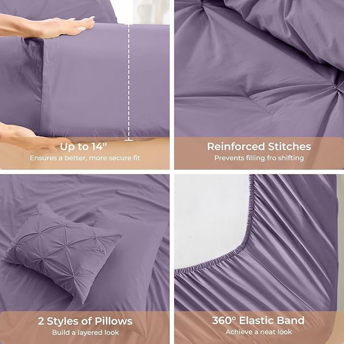 Sasttie Twin XL Comforter Set, 5-Piece Bed in a Bag, Pintuck Bedding Sets for All Season, Includes Comforter, Flat Sheet, Fitted Sheet, Pillowcase and Pillowsham, New Purple