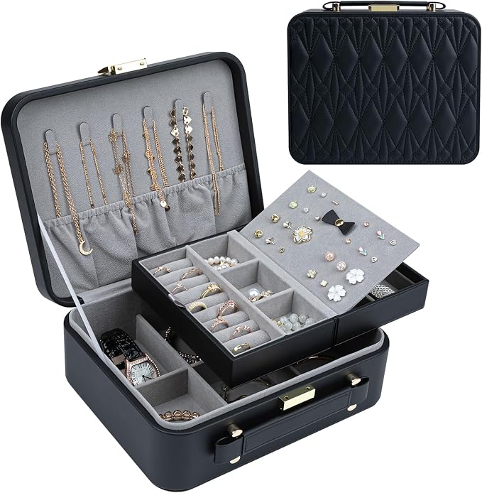Travel Jewelry Box Jewelry Storage Case Jewelry Suitcase for Women and Men 2 Layer Jewelry Organizer Box with Removable Tray (Black) - Image 2