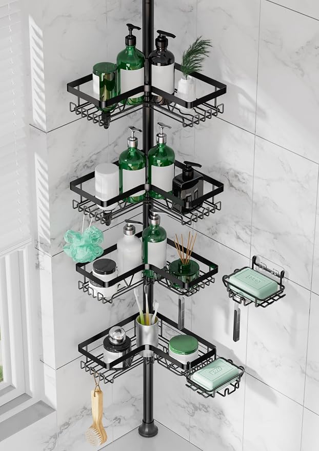 DAOYA Tension Pole Shower Caddy, 4-Tier Stainless Steel Shower Organizer with 2 Removable Soap Holders, 25 to 114.2 Inches, for Bathtub/Bathroom Corner, Renters Friendly, Black by DAOYA