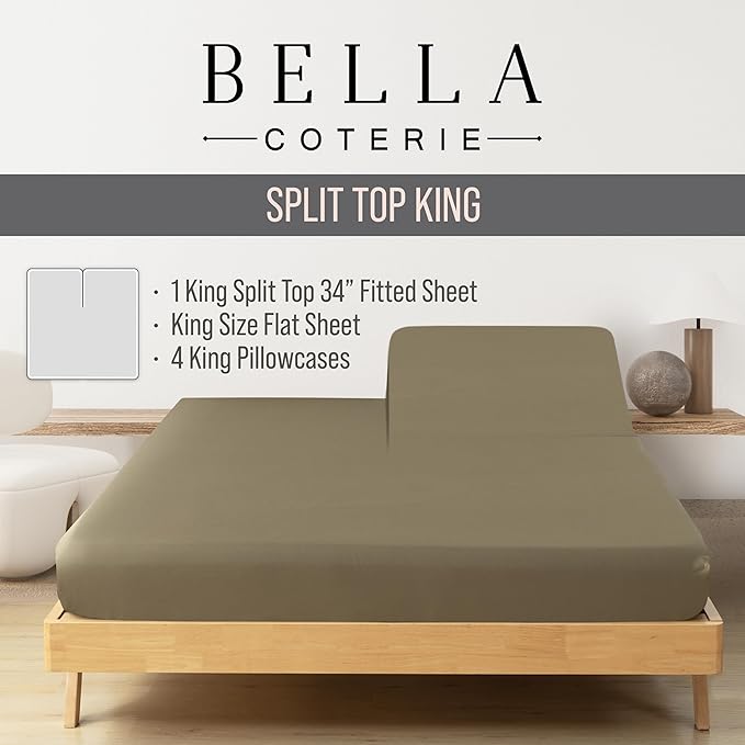 Bella Coterie 6 Piece Luxury Bamboo Viscose Split Top King Size Sheet Set | 34" Split for Adjustable Beds | 100% Organically Grown| Cooling | 18” Deep Pocket | 4 Pillowcases [Olive]