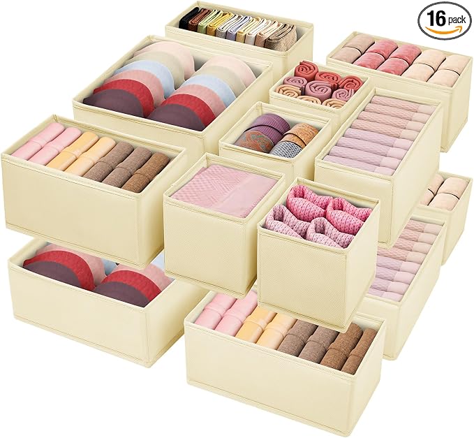 Drawer Clothing Organizer 16-Pack, Beige 3-Size Underwear Drawer Dividers, Fabric Folding Wardrobe Organizer for Baby Clothes, Bras, Underwear, Panties, Belts, Socks, Ties, etc. by WRRLORS