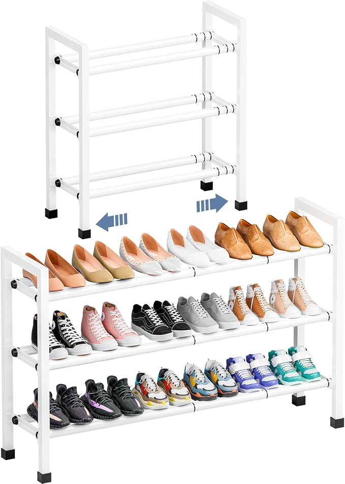 Mavivegue 3-Tier 19"-43.3" Adjustable Shoe Rack for Closet,Expandable Shoe Rack, Hall Entryway,Front Door,Garage, Sturdy Steel Space-Saving Rack, White​ by Mavivegue