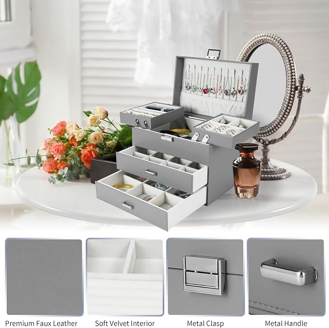 Dajasan Jewelry Organizer Box, Large Jewelry Boxes for Women Girls, Space-Saving 4 Layers Jewelry Storage Case with Drawer, Movable Metal Stand, Modern, Gift Idea (Grey) - Image 6