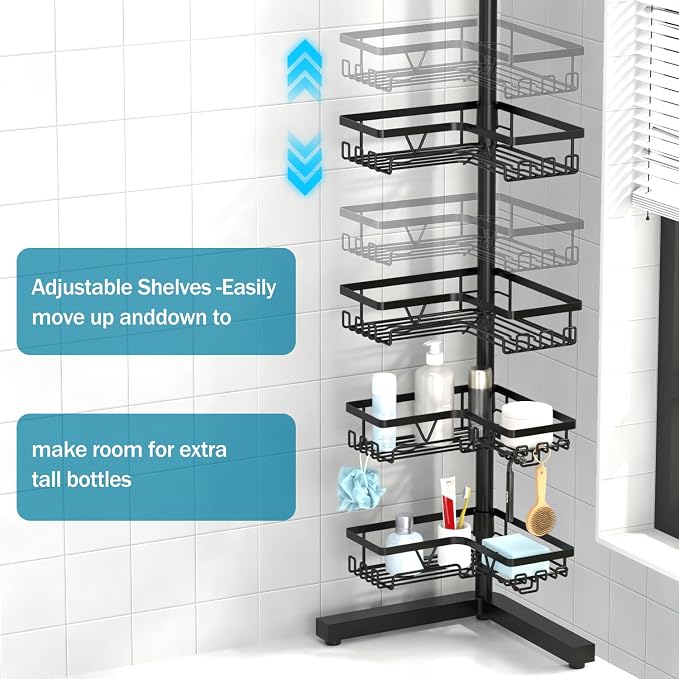 KEGII Floor Shower Caddy Standing – 4-Tier Corner Shower Organizer with Hooks & Soap Holder, Free-Standing Bathroom Storage Rack for Shampoo & Toiletries, Black - Image 2